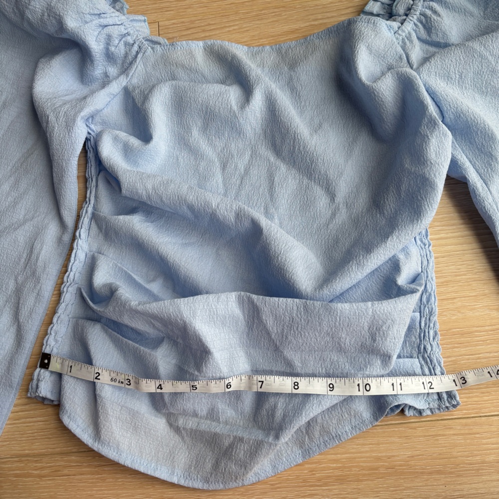 2/$10 SHEIN Light Blue Puff Sleeve Smocked Top stretchy ruched top size S - Picture 7 of 7